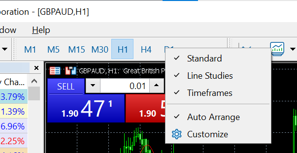 Customisation window for the time frame panel