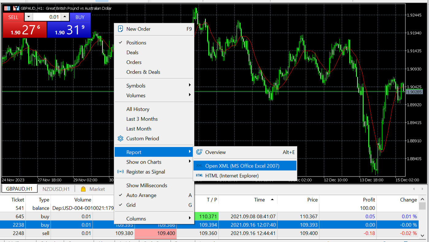 MT 5 Download in excel format
