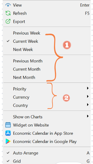 Settings for displaying economic indicators in the MT5 Economic Calendar